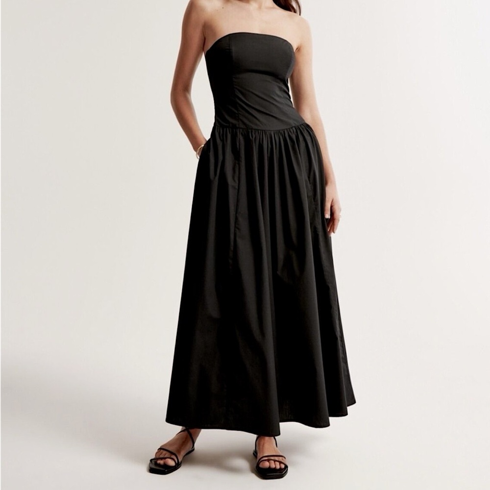 NWT Abercrombie & Fitch Black Drop-waist Strapless Maxi Dress in Black, Size XSP